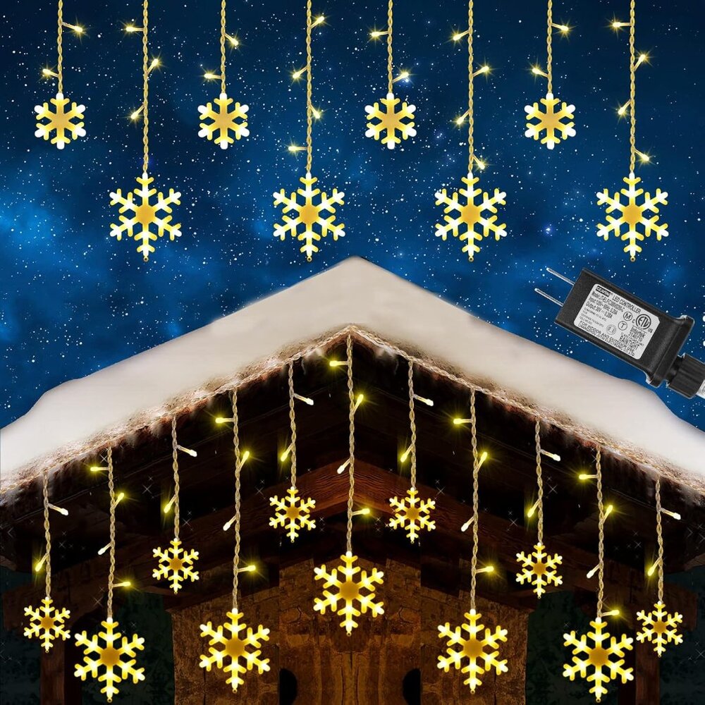 Christmas Snowflake Lights Outdoor, 17.22ft 264 LED Snowflake Icicle Lights with